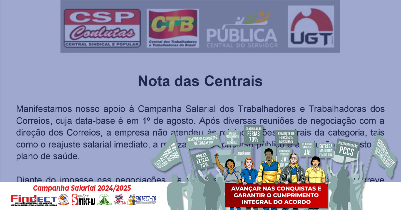 Centrais Sindicais publicam nota de apoio à greve dos Trabalhadores dos Correios